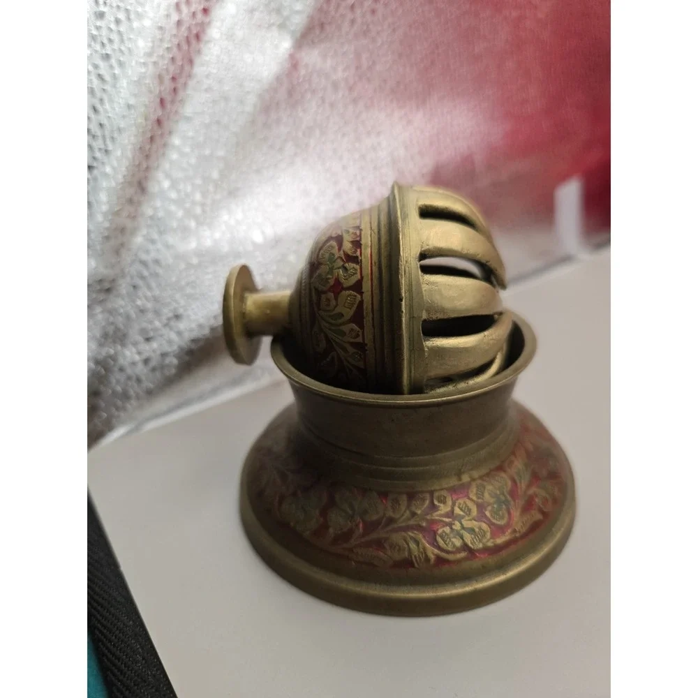1940s Solid Brass Elephant Claw Bell Red & Green Inlayed Floral Pattern 2 Pieces